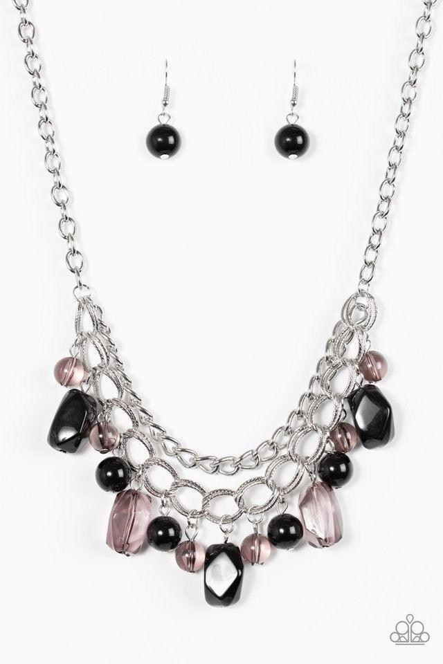 Paparazzi Accessories Brazilian Bay - Black Featuring glassy and polished finishes, round and asymmetrical black beads trickle from the bottom of a double-linked silver chain. An additional silver chain is layered above the summery beading for a seasonal