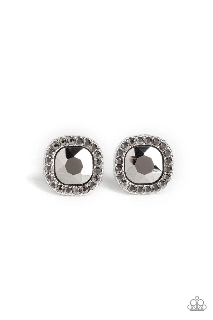 Paparazzi Accessories Bling Tastic - Silver Featuring a regal square-cut, a glittery hematite gem is pressed into a frame radiating with glassy hematite rhinestones for a timeless flair. Earring attaches to a standard post fitting. Sold as one pair of pos