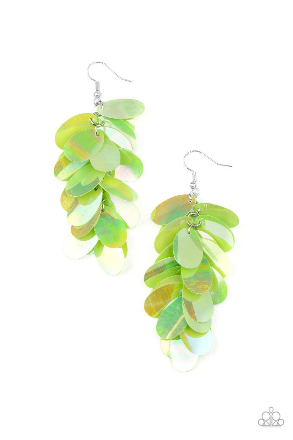 Paparazzi Accessories Stellar In Sequins - Green Featuring an iridescent shimmer, oversized oval green sequins cascade from the ear, creating a playful fringe. Earring attaches to a standard fishhook fitting. Sold as one pair of earrings. Jewelry