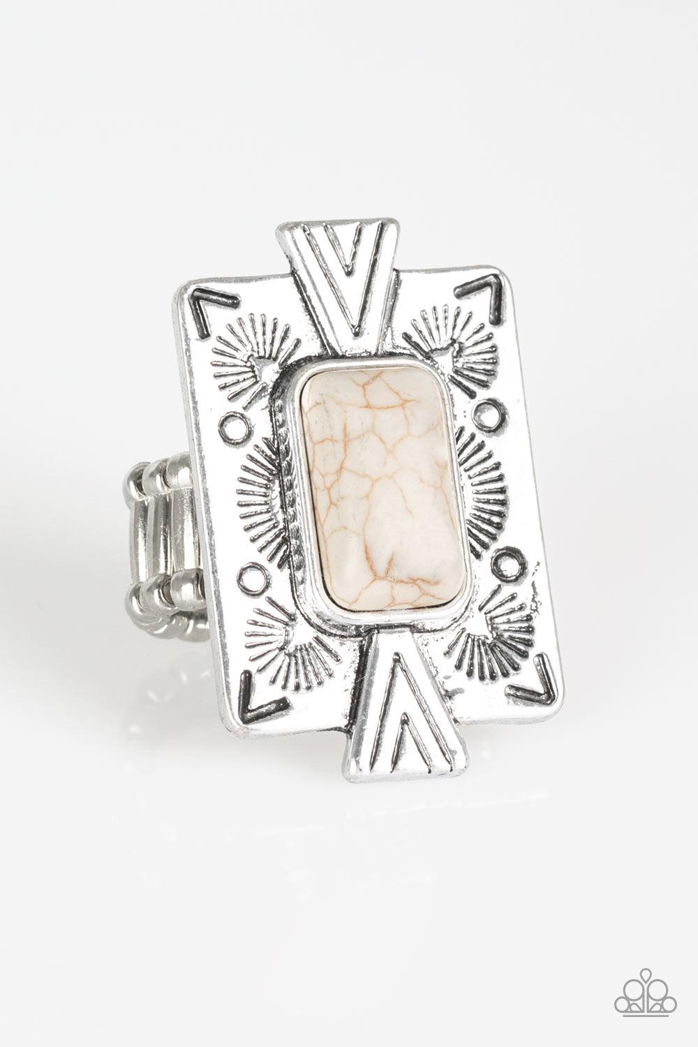 Paparazzi Accessories So Smithsonian - White Chiseled into a tranquil rectangle, a refreshing white stone is pressed into a bold silver frame radiating with tribal inspired patterns for a seasonal look. Features a stretchy band for a flexible fit. Sold as