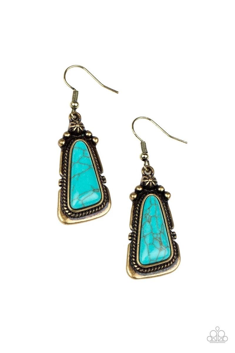 Paparazzi Accessories Sahara Solitude - Blue An imperfect turquoise stone is pressed into the center of a studded brass frame featuring brassy rope-like texture. Earring attaches to a standard fishhook fitting. Sold as one pair of earrings. Jewelry