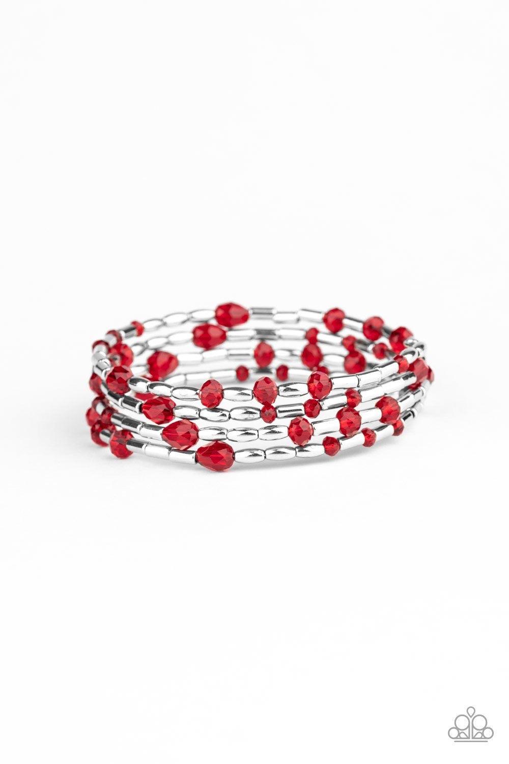 Paparazzi Accessories Regal Remix - Red Varying in size and shape, red crystal-like beads and glistening silver beads are threaded along a coiled wire, creating a regal infinity wrap style bracelet around the wrist. Sold as one individual bracelet. Jewelr