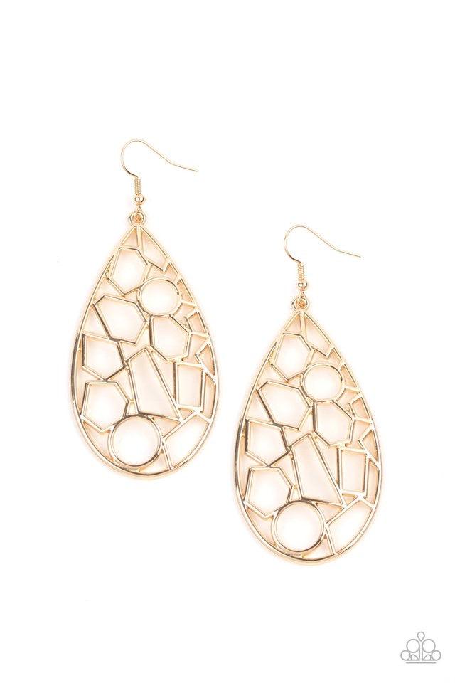 Paparazzi Accessories Reshaped Radiance - Gold An abstract collection of airy gold circles, rectangles, and trapezoidal shapes collide together, coalescing into a shattered lure. Earring attaches to a standard fishhook fitting. Sold as one pair of earring