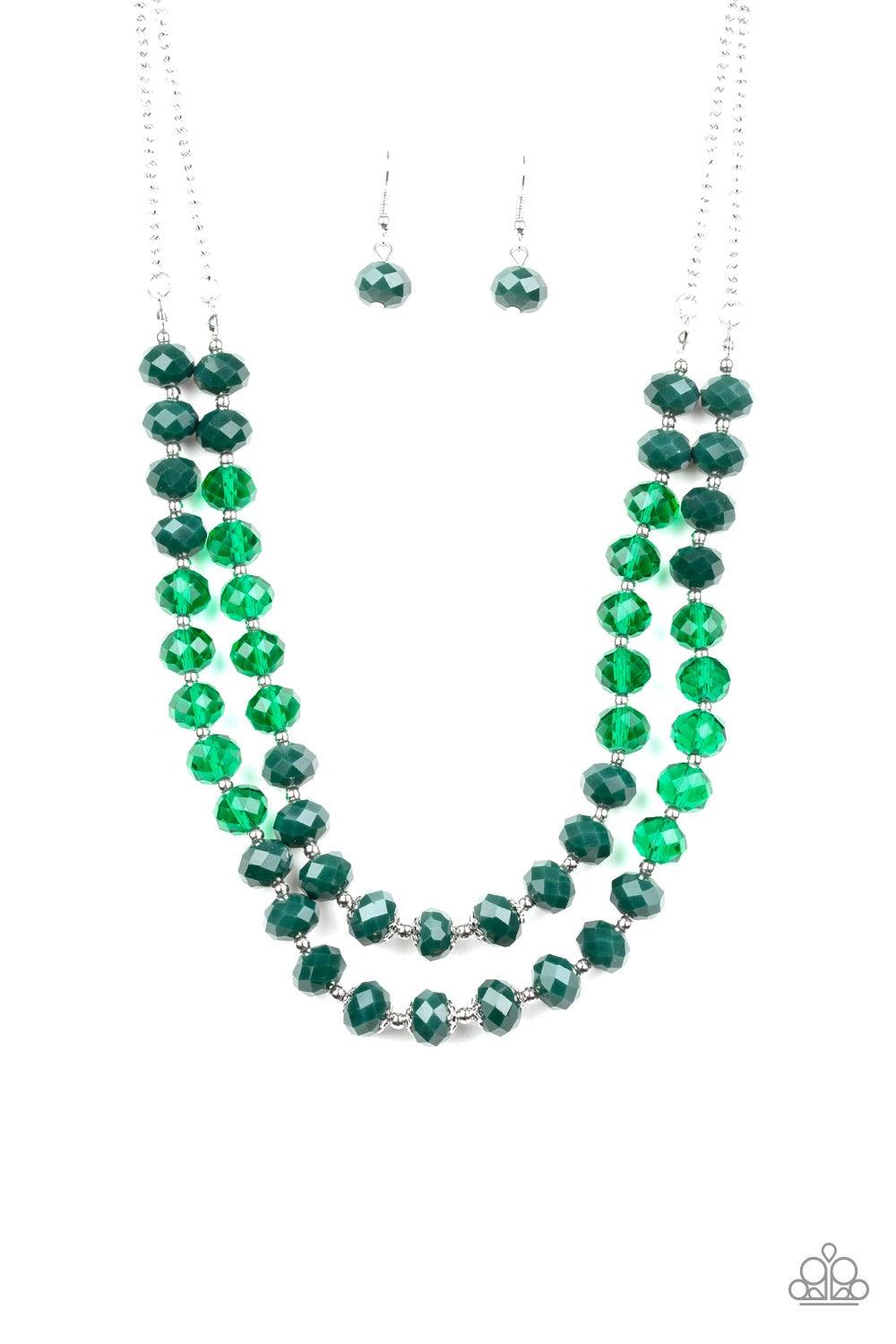Paparazzi Accessories Glitter Gratitude - Green Infused with dainty silver beads, a collection of glassy and polished green crystal-like beads are threaded along two invisible wires below the collar, creating glamorous layers below the collar. Features an