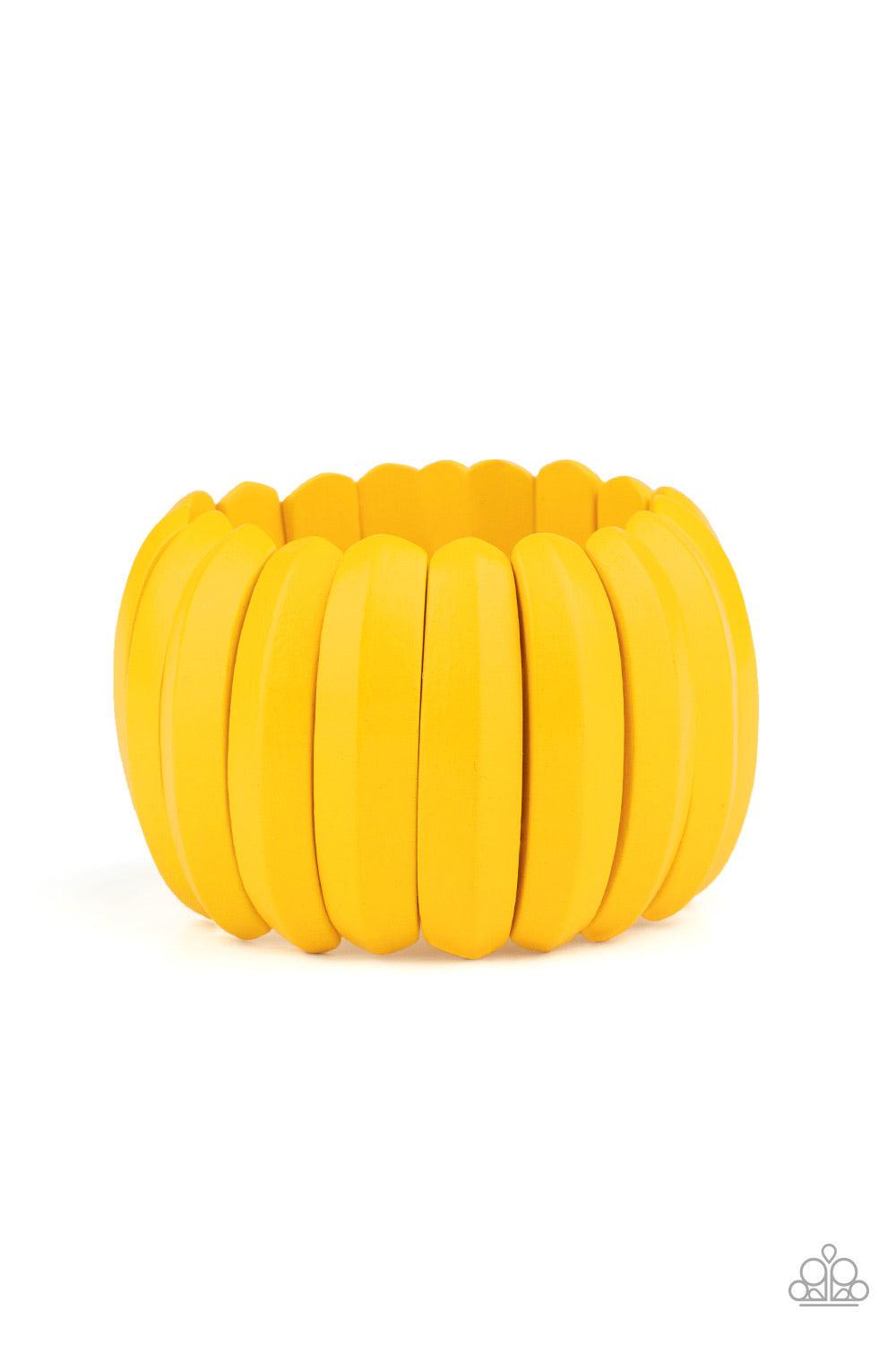 Paparazzi Accessories Colorfully Congo - Yellow Painted in a sunny yellow finish, beveled wooden frames are threaded along stretchy bands around the wrist for a summery look. Sold as one individual bracelet. Jewelry
