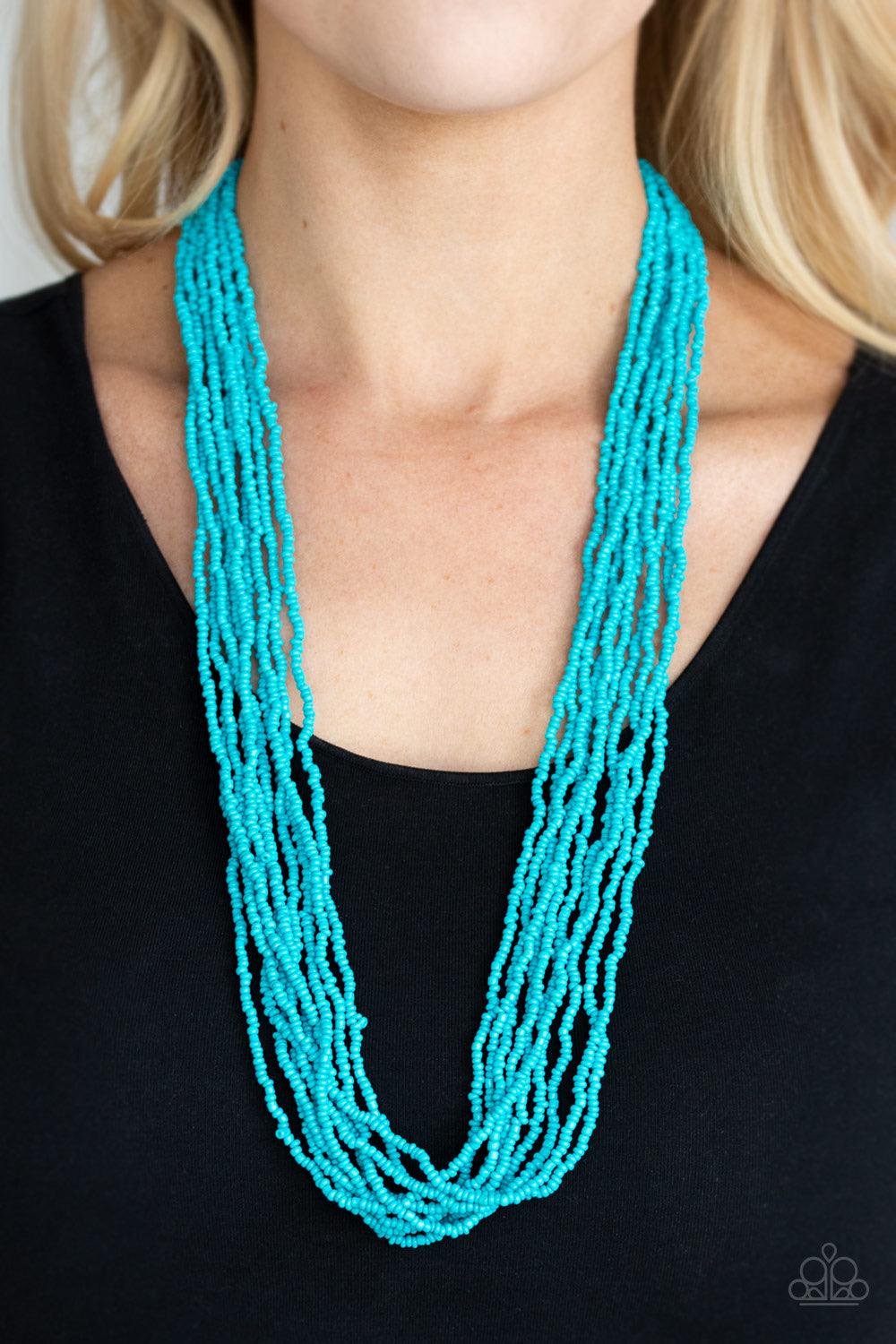 Paparazzi Accessories Congo Colada - Blue Suspended between two silver fittings, strands of countless turquoise seed beads layer across the chest for a vivacious look. Features an adjustable clasp closure. Jewelry