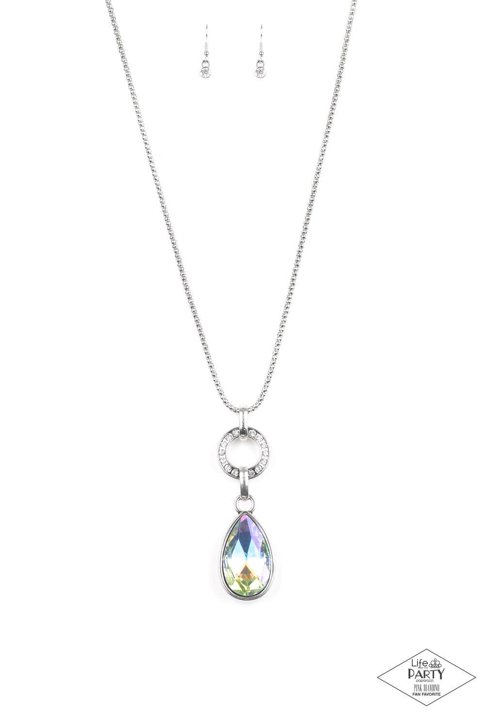 Paparazzi Accessories Lookin’ Like A Million - Multi Encrusted in glittery white rhinestones, a shimmery silver ring gives way to a dramatic iridescent gem teardrop. The impressive pendant slides along a shimmery silver popcorn chain for a refined look. F