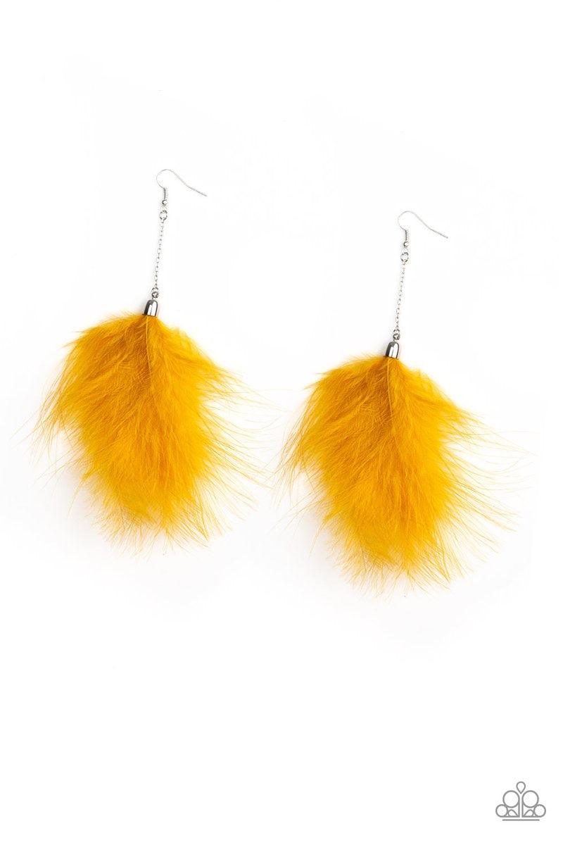 Paparazzi Accessories Birds of Paradise - Yellow Attached to a shimmery silver chain, a soft yellow feather falls from the ear for a colorful statement-making look. Earring attaches to a standard fishhook fitting. Jewelry