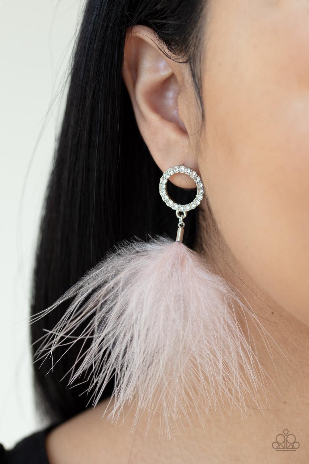 Paparazzi Accessories BOA Down - Pink A fuzzy pink feather swings from the bottom of a white rhinestone encrusted silver ring, creating a refined lure. Earring attaches to a standard post fitting. Sold as one pair of post earrings. Jewelry