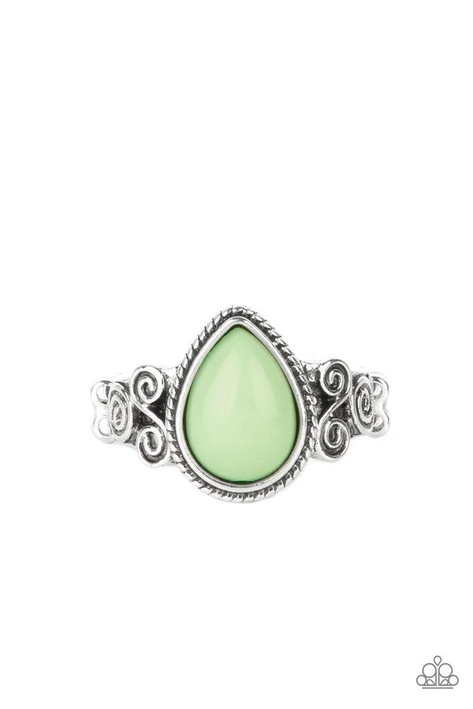 Paparazzi Accessories Dreamt Droplets - Green A dewy Green Ash teardrop bead is pressed into a delicately braided silver frame. Featuring silver filigree scrolls, an airy band creates a dreamy backdrop for the centerpiece as it sits atop the finger. Featu