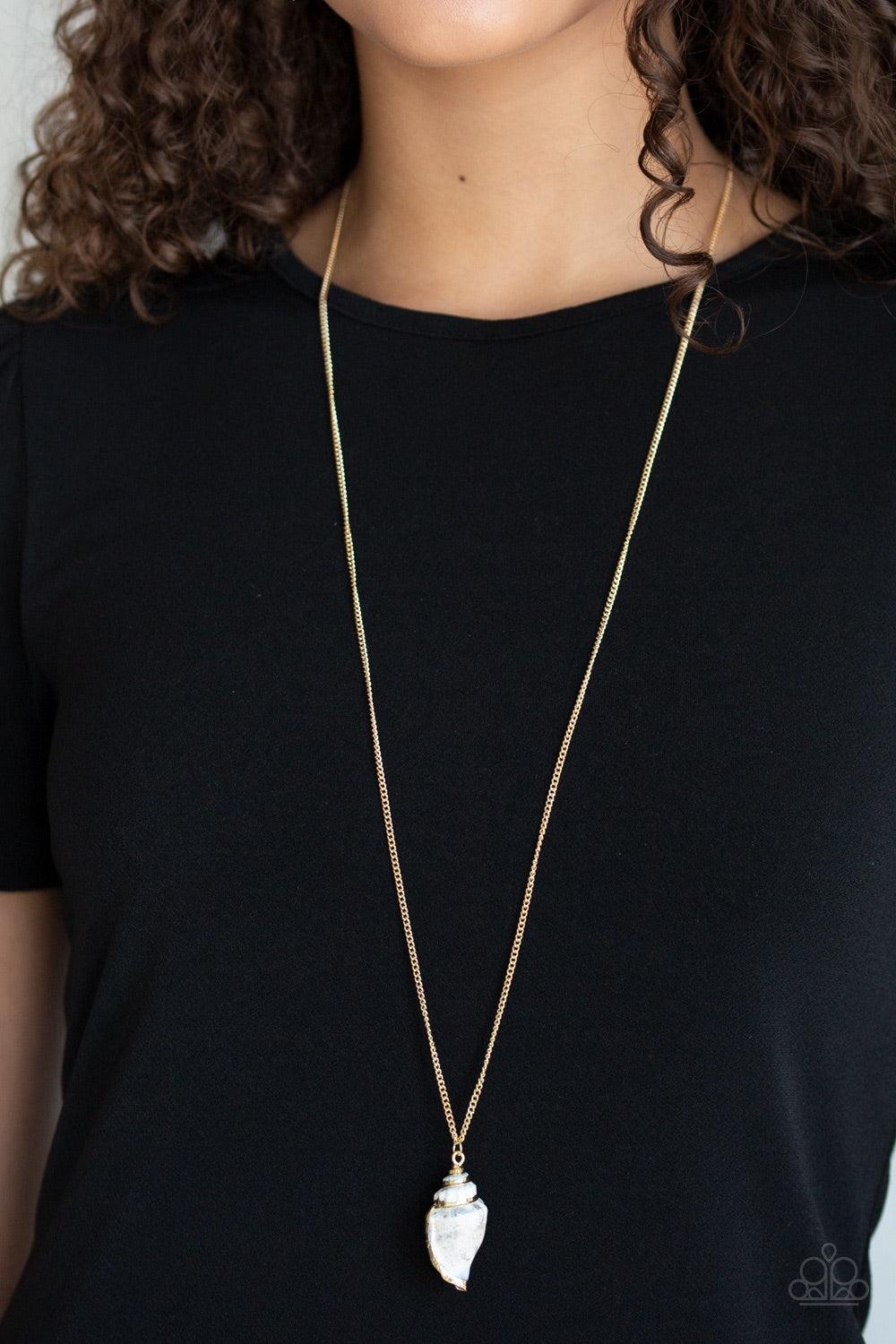 Paparazzi Accessories Breaking Out Of My Shell - Gold Bordered in a glistening gold finish, an iridescent seashell swings from the bottom of a lengthened gold chain for a summery flair. Features an adjustable clasp closure. Jewelry