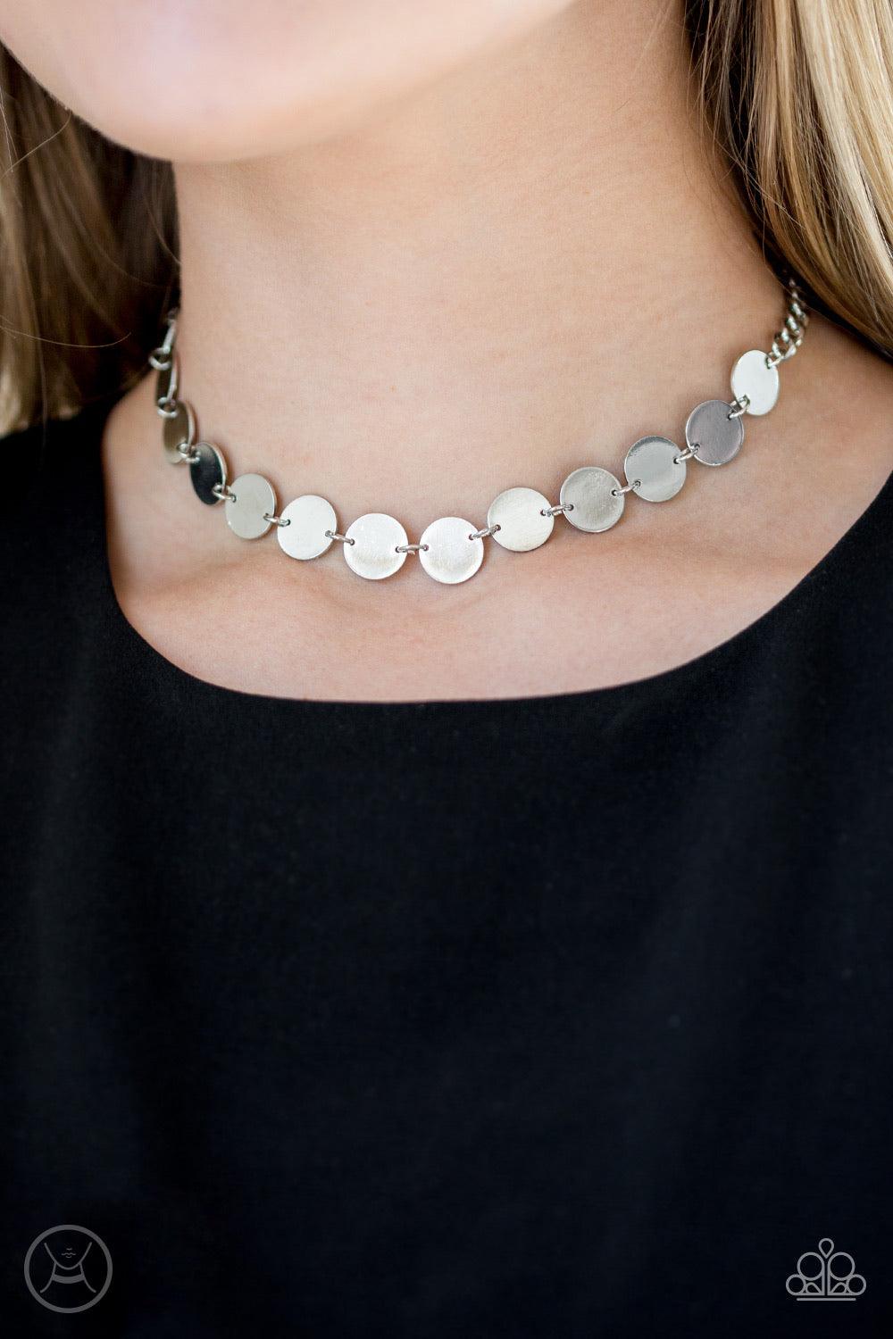 Paparazzi Accessories Faster Than SPOTLIGHT - Silver Brushed in a high-sheen finish, shiny silver discs link around the neck for a retro look. Features an adjustable clasp closure. Jewelry