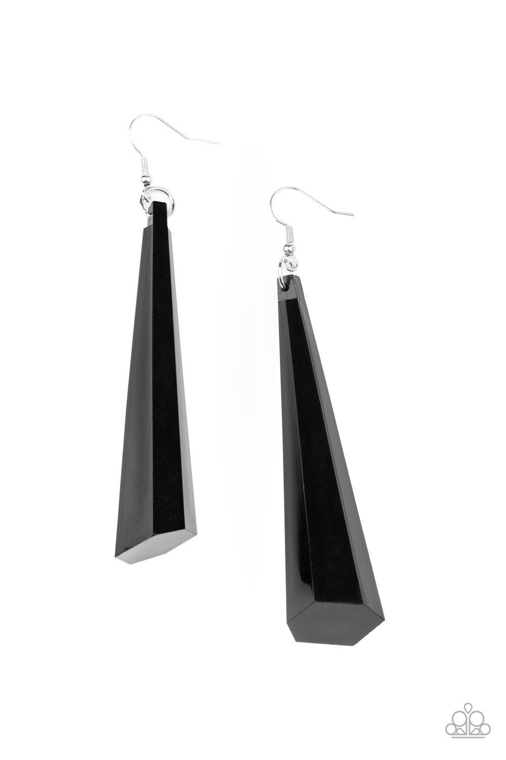 Paparazzi Accessories Break The Ice - Black Featuring an asymmetrical cone shape, a faceted elongated black crystal-like frame swings from the ear for a jaw-dropping look. Earring attaches to a standard fishhook fitting. Sold as one pair of earrings. Jewe