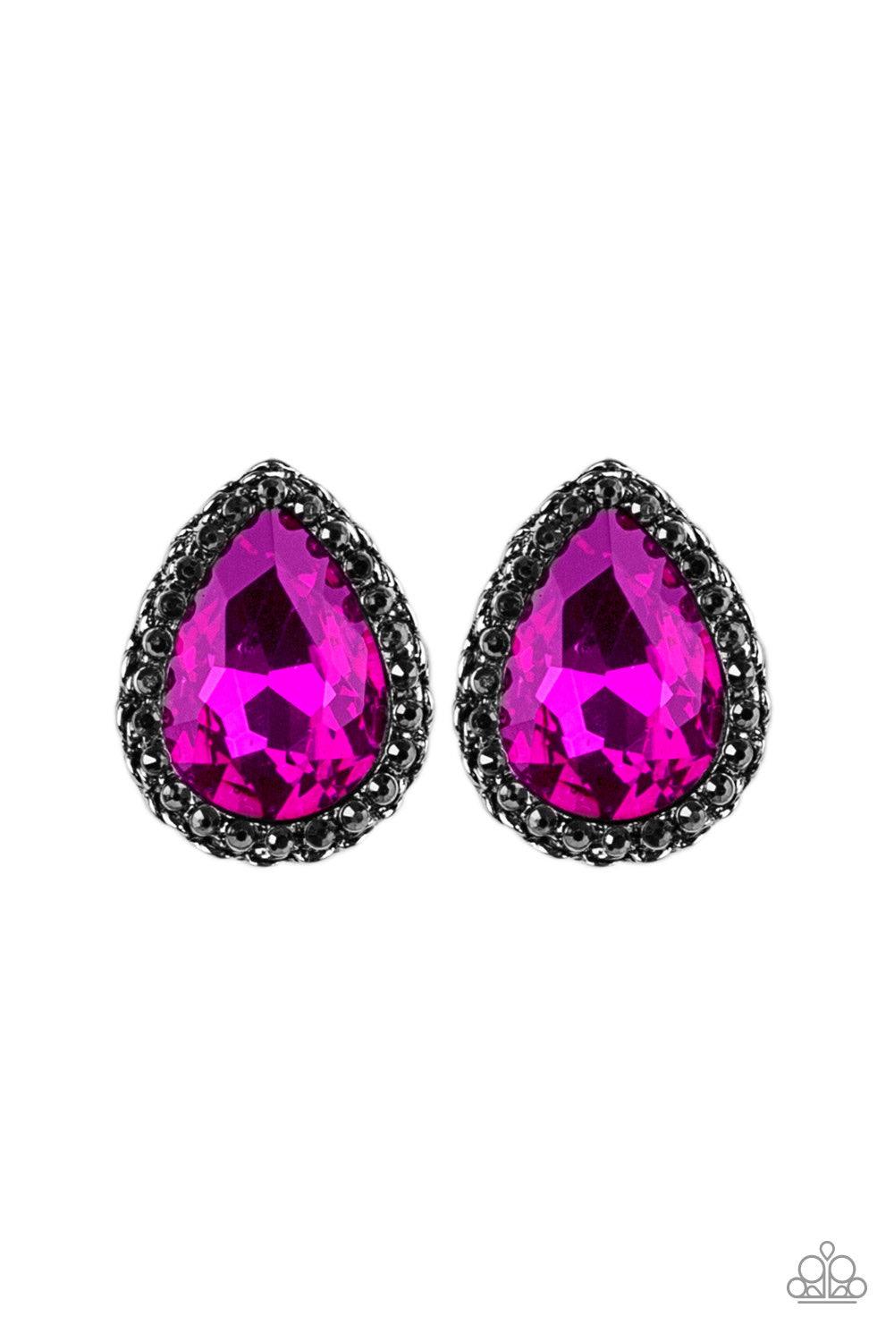 Paparazzi Accessories Dare To Shine - Pink Encrusted in a ring of glittery hematite rhinestones, an overly dramatic pink teardrop gem is pressed into a textured silver frame for a grunge-glamorous look. Earring attaches to a standard post fitting. Jewelry