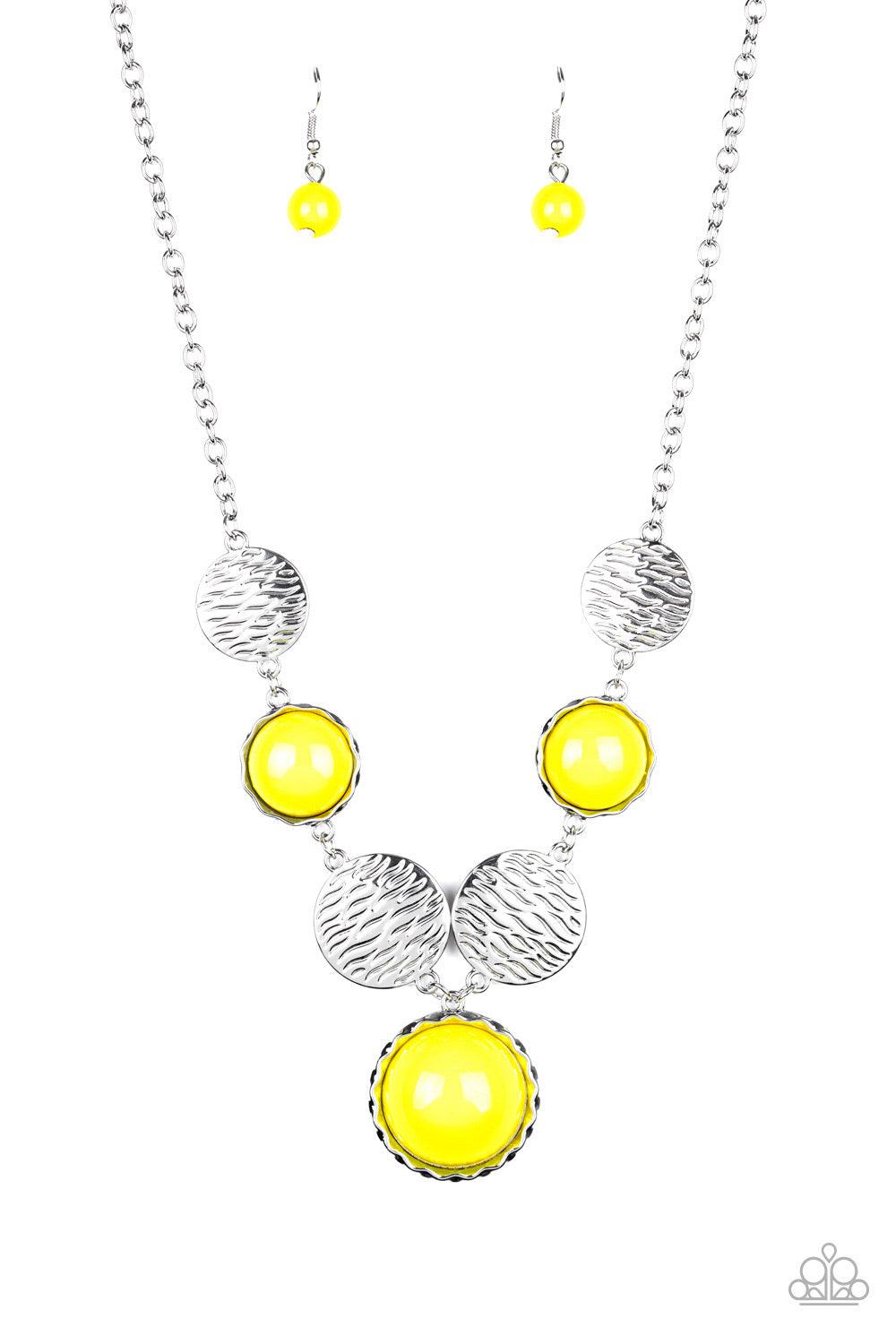 Paparazzi Accessories Bohemian Bombshell - Yellow Embossed in wavy textures, shiny silver discs link with bubbly yellow beaded frames below the collar, creating a colorful statement piece. Features an adjustable clasp closure. Jewelry