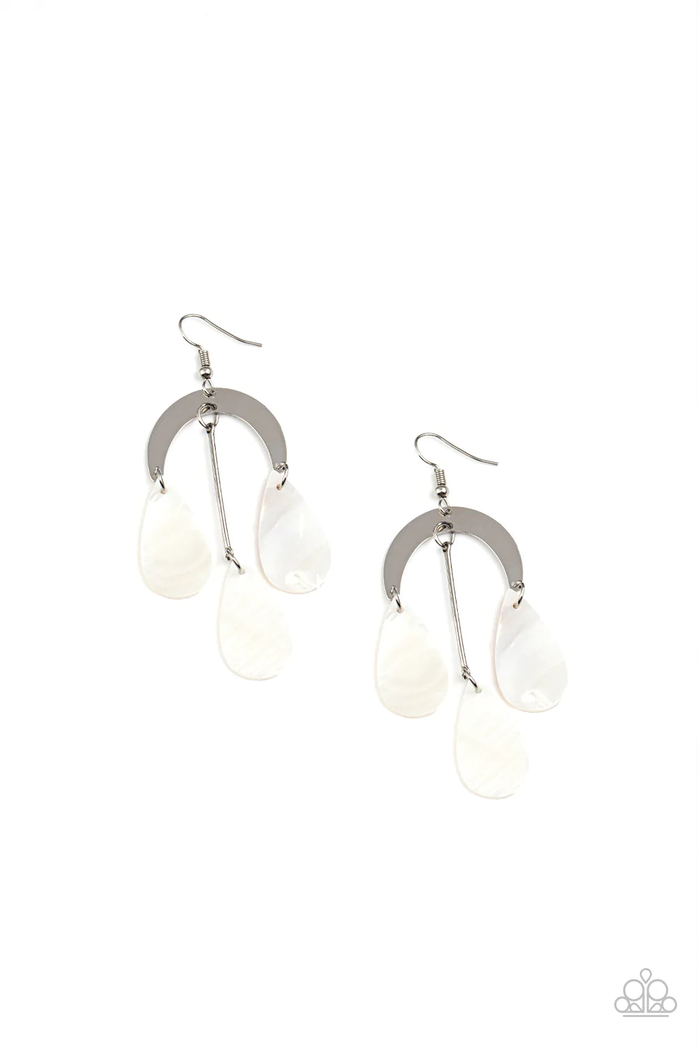 Paparazzi Accessories Atlantis Ambience - White White shell-like teardrops trickle from the bottom of a silver rod and silver half moon frame, creating an ocean inspired chandelier. Earring attaches to a standard fishhook fitting. Sold as one pair of earr