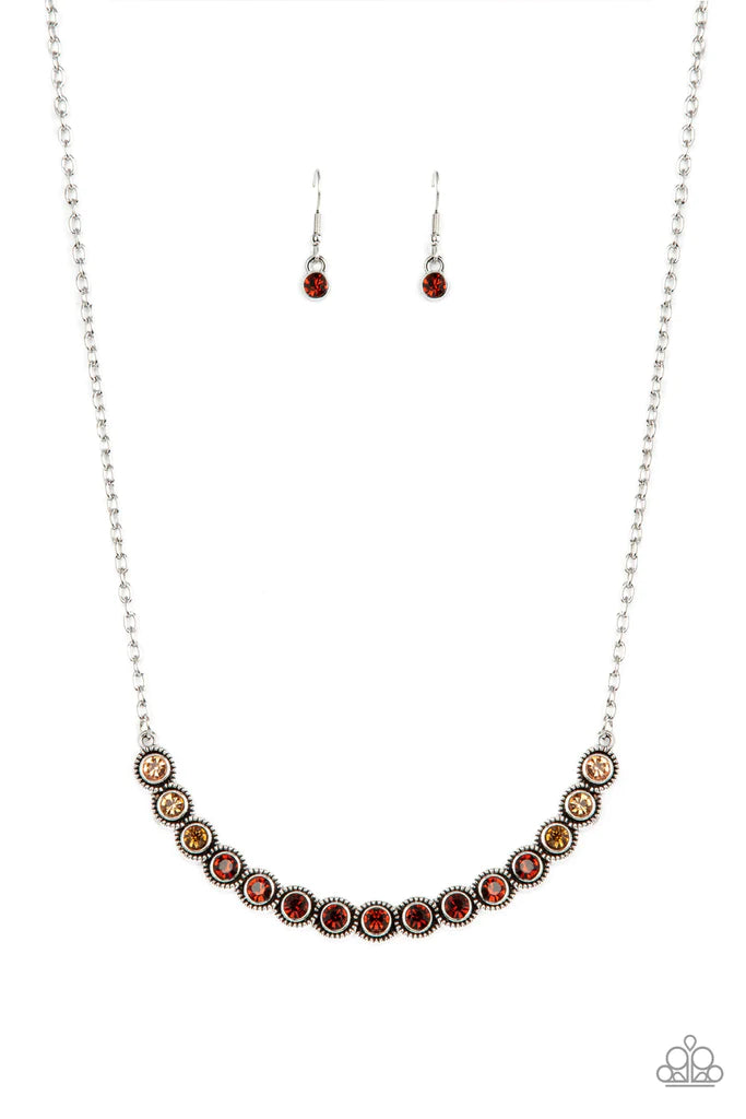 Paparazzi Accessories Throwing Shades - Brown Encased in studded silver fittings, a glittery ombré of topaz rhinestones delicately bows below the collar, creating an enchanting pop of color. Features an adjustable clasp closure. Sold as one individual nec