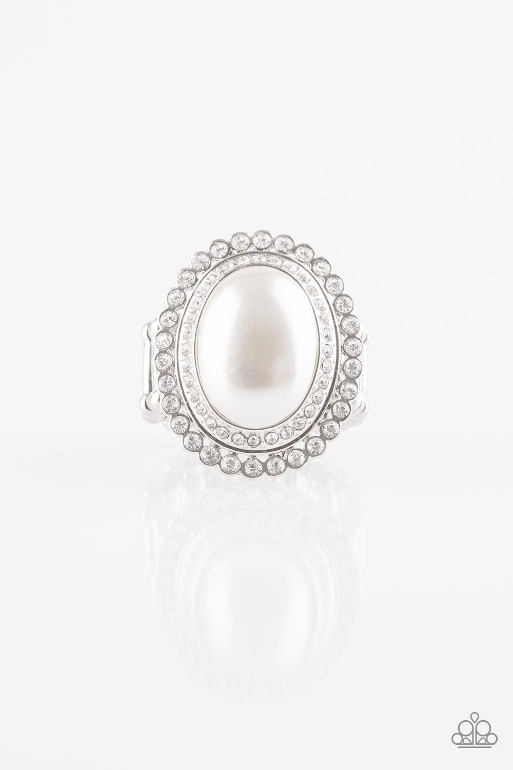 Paparazzi Accessories Opulently Olympic - White A pearly white bead adorns the center of stacked silver frames encrusted in glassy white rhinestones for a dramatically refined look. Features a stretchy band for a flexible fit. Jewelry