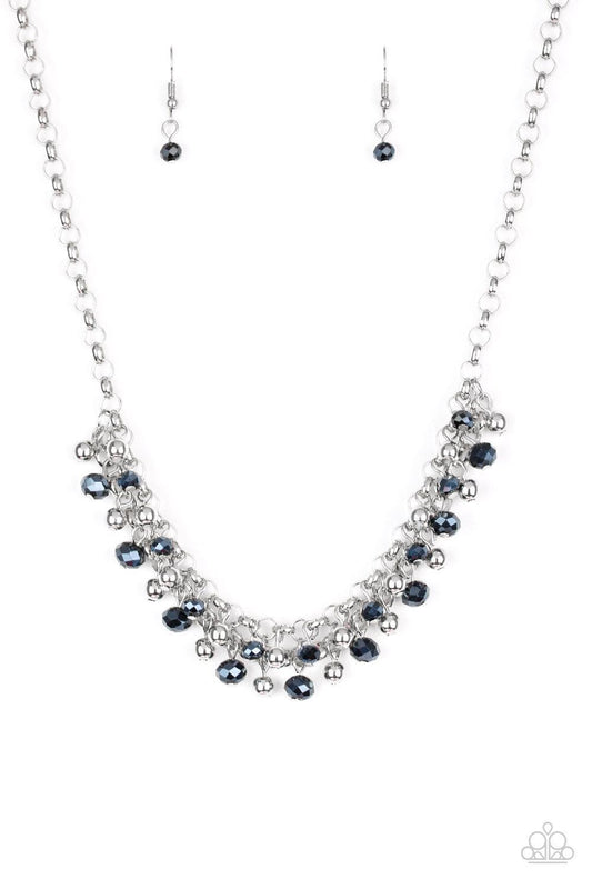 Paparazzi Accessories Trust Fund Baby - Blue Dipped in a metallic shimmer, faceted blue beads and classic silver beads swing from interlocking silver chains, creating a refined fringe below the collar. Features an adjustable clasp closure. Sold as one ind
