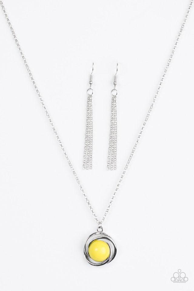 Paparazzi Accessories Ripple Effect - Yellow Glistening silver bars swirl around a shiny yellow bead, creating a colorful pendant below the collar for a seasonal look. Features an adjustable clasp closure. Jewelry