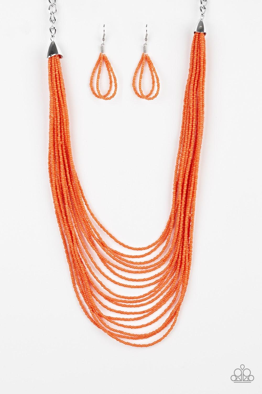 Paparazzi Accessories Peacefully Pacific - Orange Infused with two bold silver fittings, row after row of orange seed beads layer across the chest for a seasonal fashion. Features an adjustable clasp closure. Jewelry