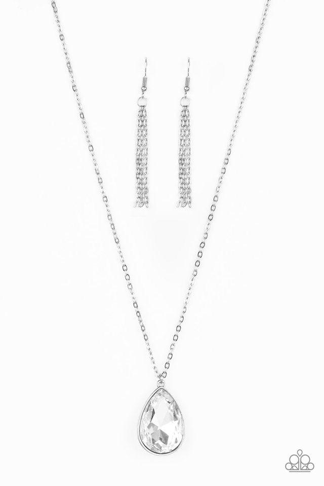 Paparazzi Accessories So Obvious - White Featuring a sleek silver frame, a dramatic white teardrop gem swings below the collar for a glamorous look. Features an adjustable clasp closure. Jewelry