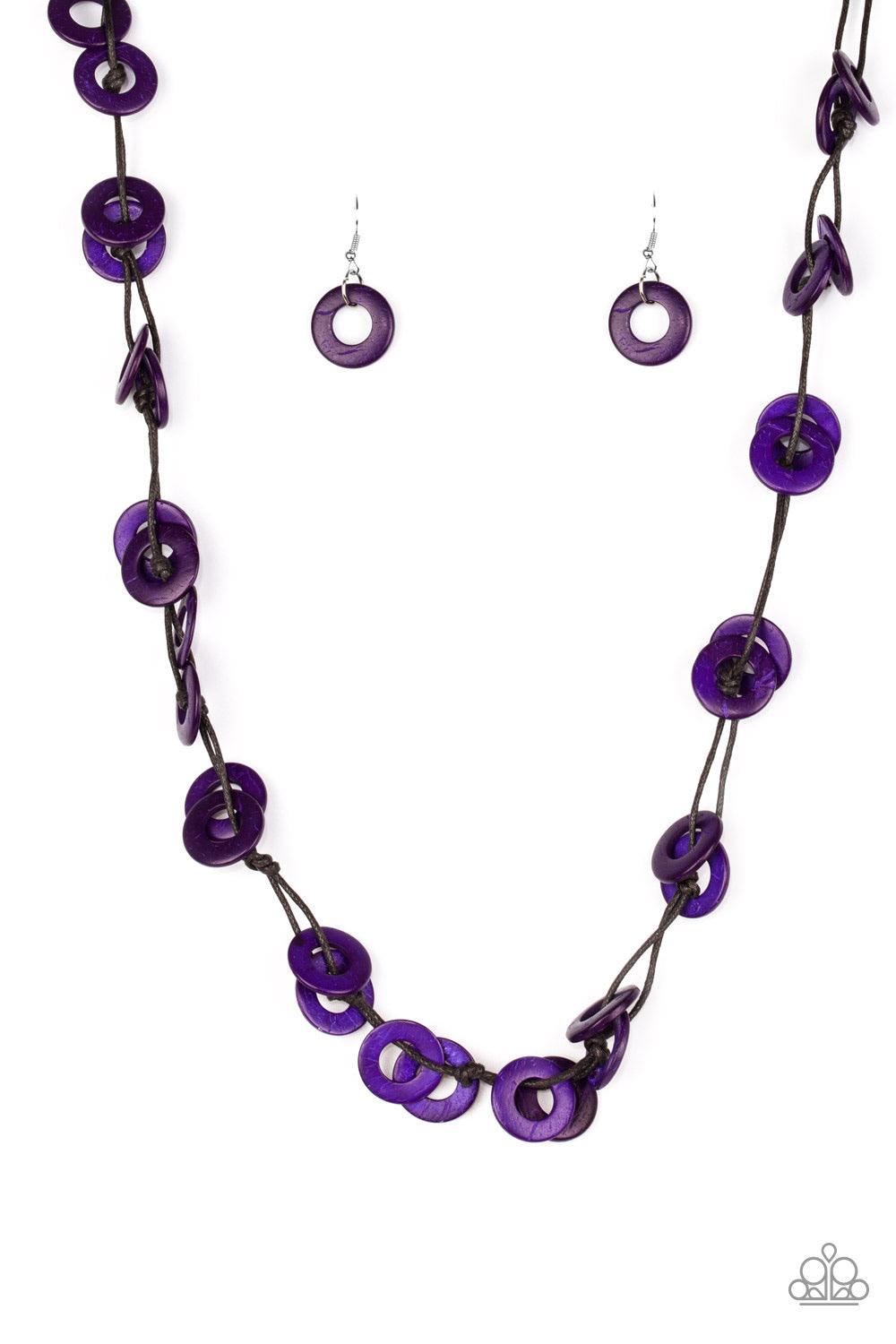 Paparazzi Accessories Waikiki Winds ~Purple Shiny brown cording knots around vivacious purple wooden discs, creating a colorful display across the chest. Features a button loop closure. Sold as one individual necklace. Includes one pair of matching earrin