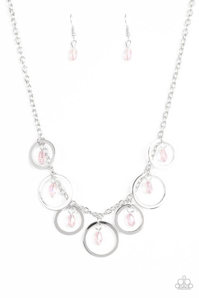 Paparazzi Accessories Rochester Refinement - Pink Faceted pink crystal-like beads swing from the tops of shimmery silver hoops. Slightly varying in size, the shiny silver hoops swing from the bottom of a bold silver chain, creating a refined fringe below
