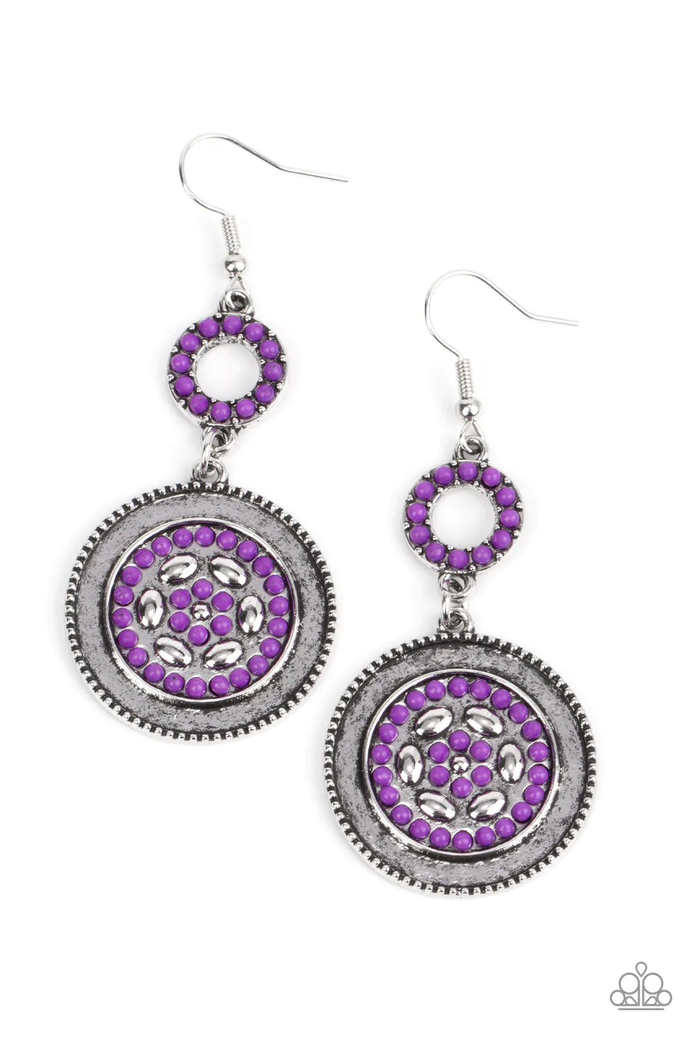 Paparazzi Accessories Meadow Mantra - Purple Dotted in dainty purple seed beads, a dainty silver hoop links to an ornate silver disc for a colorful floral finish. Earring attaches to a standard fishhook fitting. Sold as one pair of earrings. Earrings