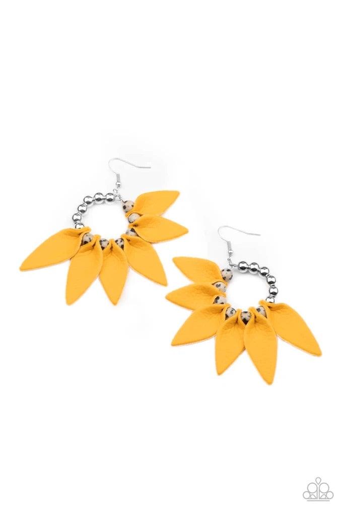 Paparazzi Accessories Flower Child Fever - Yellow Infused with a row of shiny silver beads, Illuminating leather petals are separated by black dotted white stones along a dainty silver hoop, creating a wild fringe. Earring attaches to a standard fishhook