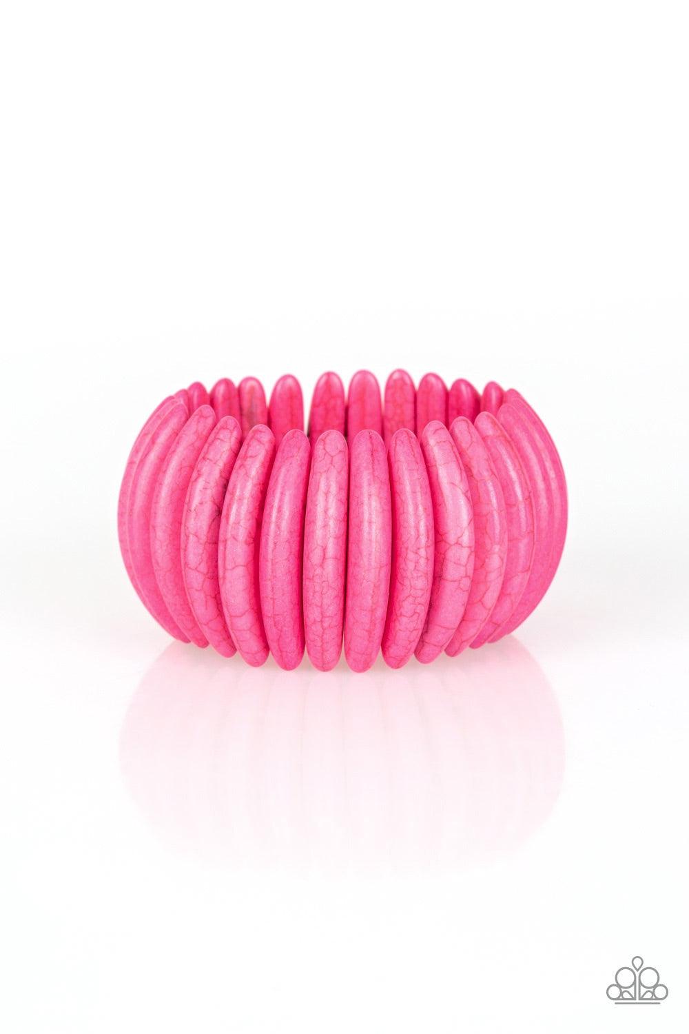 Paparazzi Accessories Naturally Nomad - Pink Chiseled into earthy crescent shapes, vivacious pink stones are threaded along stretchy bands around the wrist for an artisan inspired look. Jewelry