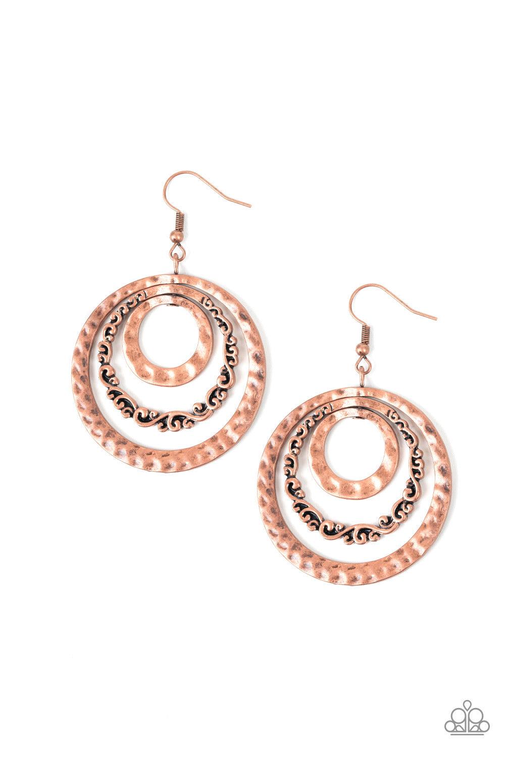 Paparazzi Accessories Out Of Control Shimmer - Copper A collection of hammered and filigree filled copper hoops ripple from the ear, coalescing into a dizzying frame. Earring attaches to a standard fishhook fitting. Jewelry