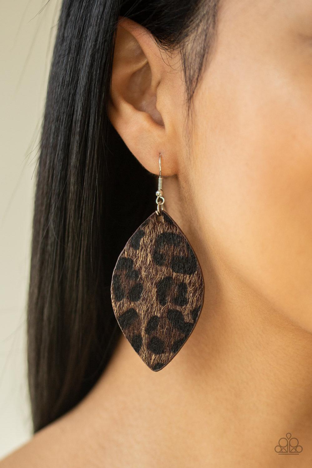 Paparazzi Accessories GRR-irl Power! - Brown Featuring black cheetah print, a fuzzy brown almond-shaped frame swings from the ear for a wild look. Earring attaches to a standard fishhook fitting. Jewelry