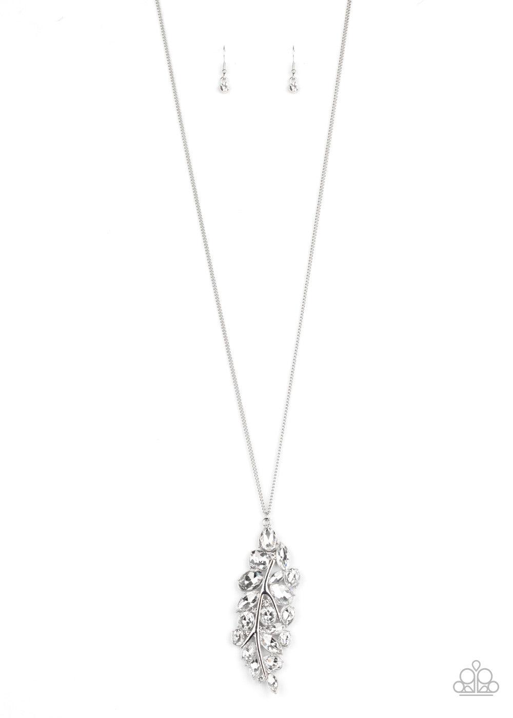 Paparazzi Accessories Take a Final BOUGH - White Featuring round, oval, square, teardrop, and marquise style cuts, a glittery collection of white rhinestones fan out from a shiny silver bar, creating a sparkly leaf pendant at the bottom of a lengthened si