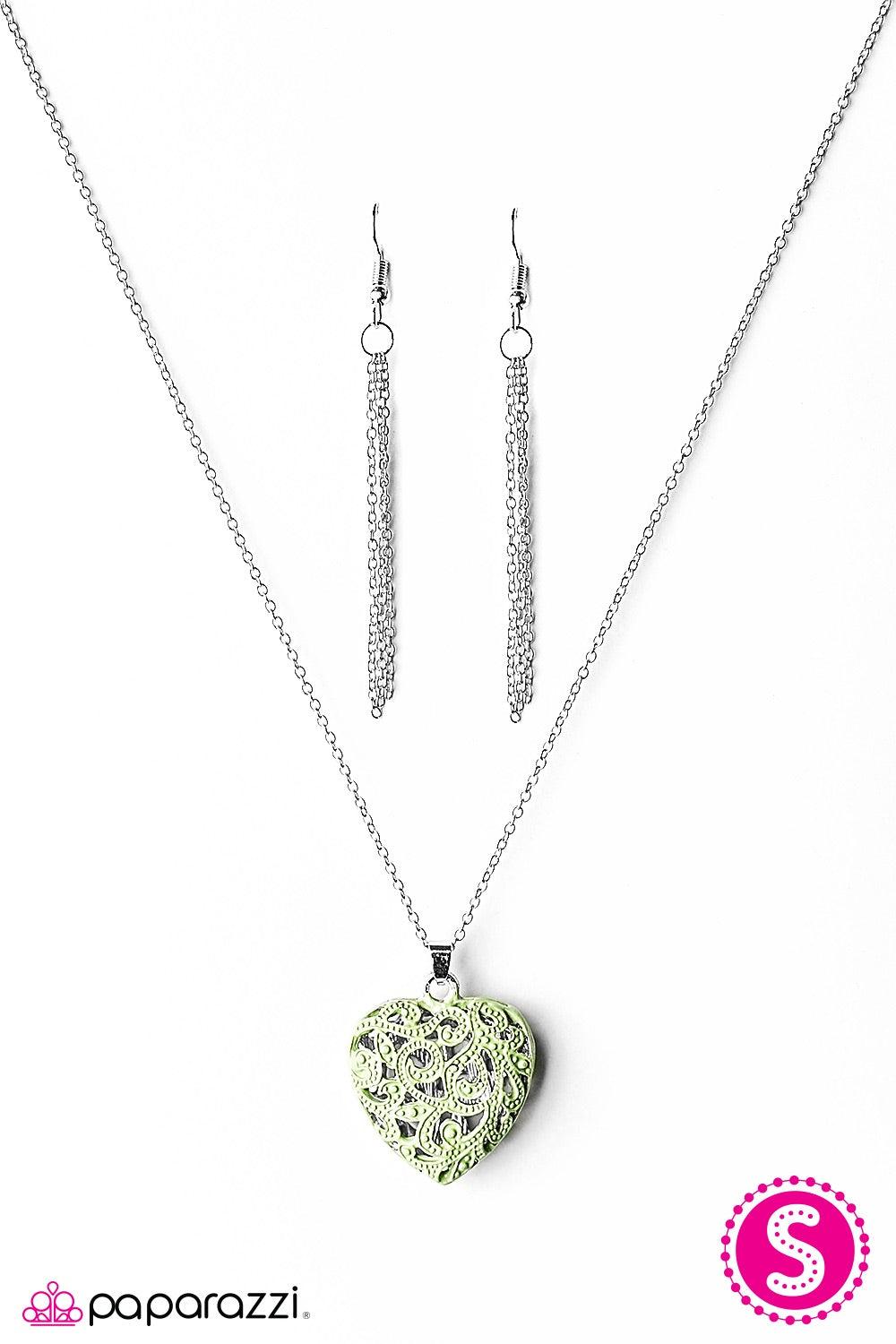 Paparazzi Accessories Work of HEART - Green Painted in a refreshing green finish, frilly filigree climbs a heart-shaped frame, creating a vintage inspired locket below the collar. Features an adjustable clasp closure. Jewelry
