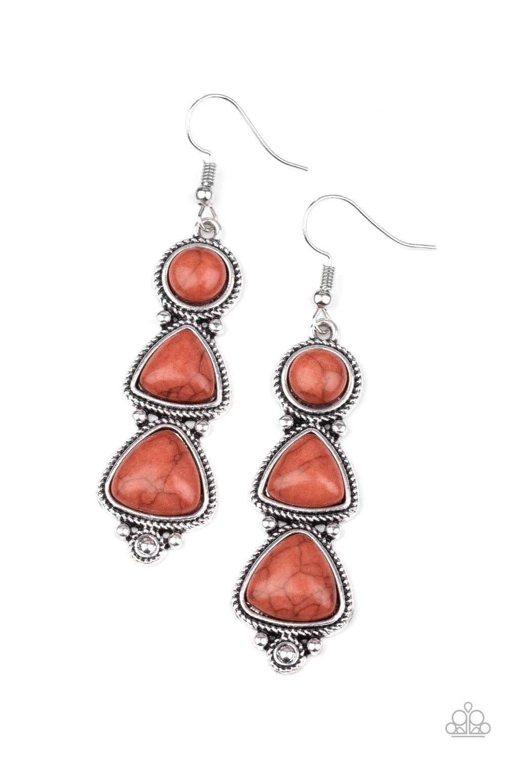 Paparazzi Accessories New Frontier - Brown Chiseled into round and triangular shapes, a trio of brown stone beads stack into a decorative silver lure for a rustic look. Earring attaches to a standard fishhook fitting. Sold as one pair of earrings. Jewelry