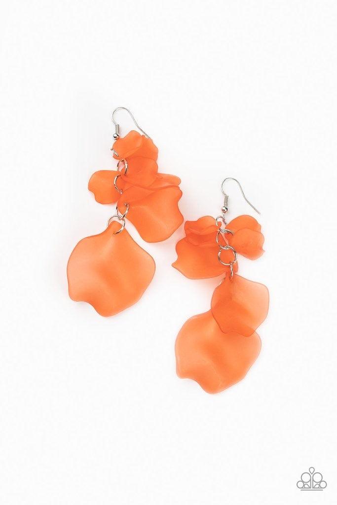Paparazzi Accessories Fragile Florals - Orange Featuring a refreshing coral hue, glass-like acrylic petals cascade from the ear, coalescing into a whimsical lure. Earring attaches to a standard fishhook fitting. Jewelry