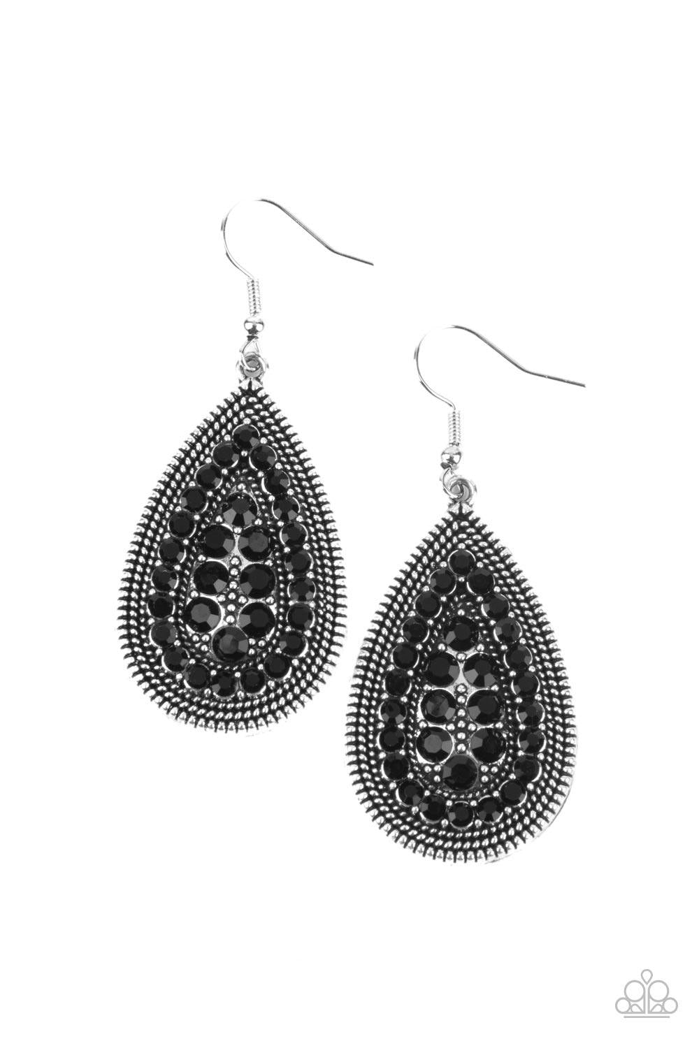 Paparazzi Accessories Interstellar Idol - Black A dotted silver teardrop frame encompasses faceted black beads. The dainty beads are layered in an echoing teardrop design for a polished finish. Earring attaches to a standard fishhook fitting. Sold as one