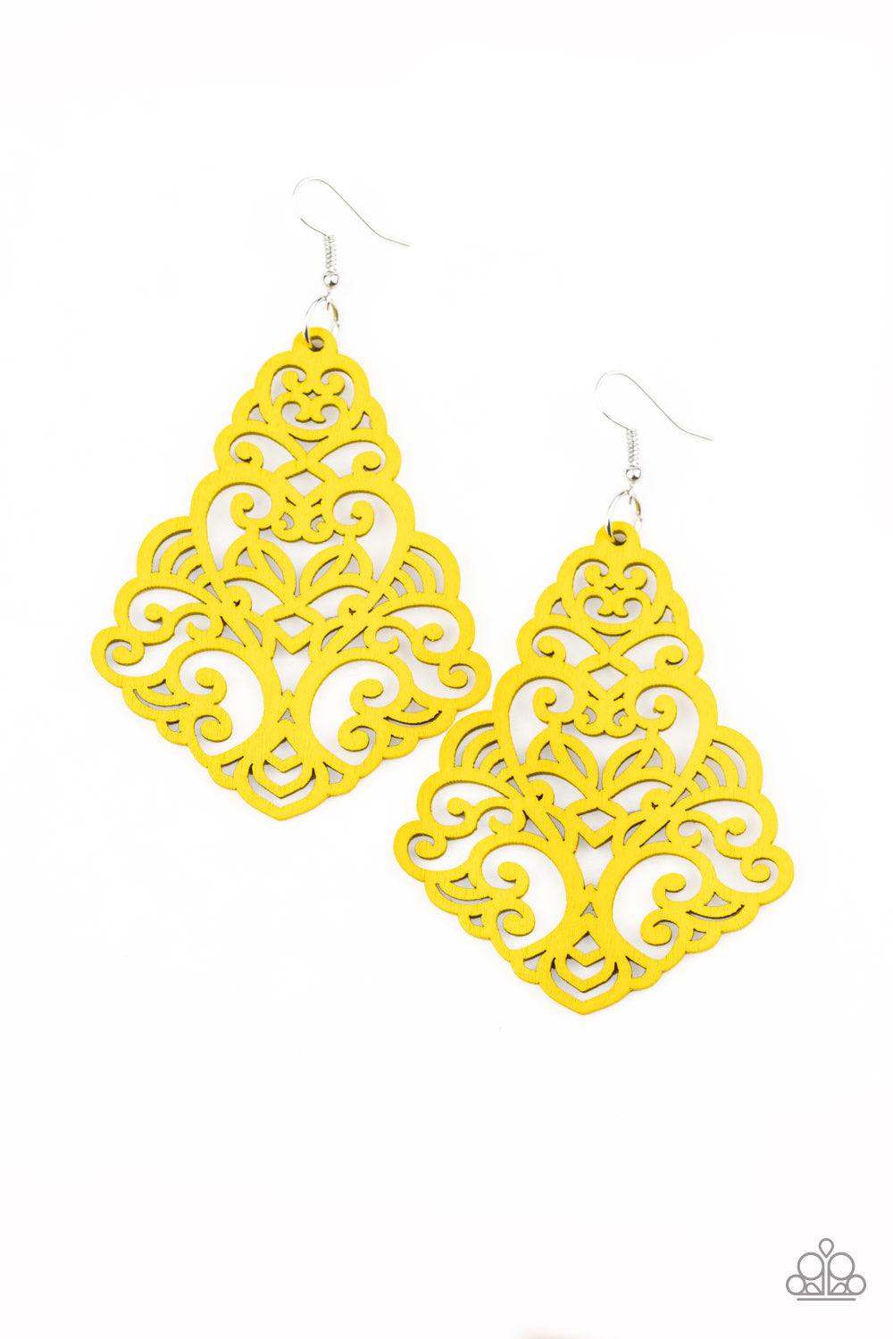 Paparazzi Accessories Powers of Zen - Yellow Painted in a shiny yellow finish, an airy wooden frame swirling with filigree detail swings from the ear for a seasonal look. Earring attaches to a standard fishhook fitting. Jewelry