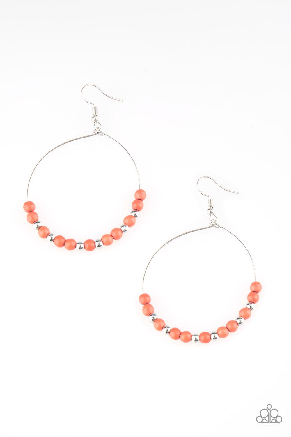 Paparazzi Accessories Stone Spa - Orange Dainty silver beads and refreshing orange stone beads slide along a dainty silver hoop for a seasonal look. Earring attaches to a standard fishhook fitting. Jewelry