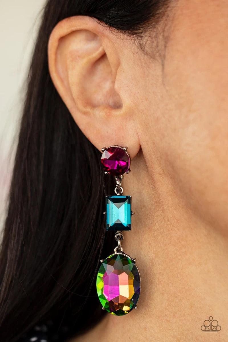 Paparazzi Accessories Extra Envious ~Multi Featuring dramatically oversized designs, a classic round pink, emerald cut blue, and oil spill oval gem glamorously link into a jaw-dropping lure. Earring attaches to a standard post fitting. Sold as one pair of
