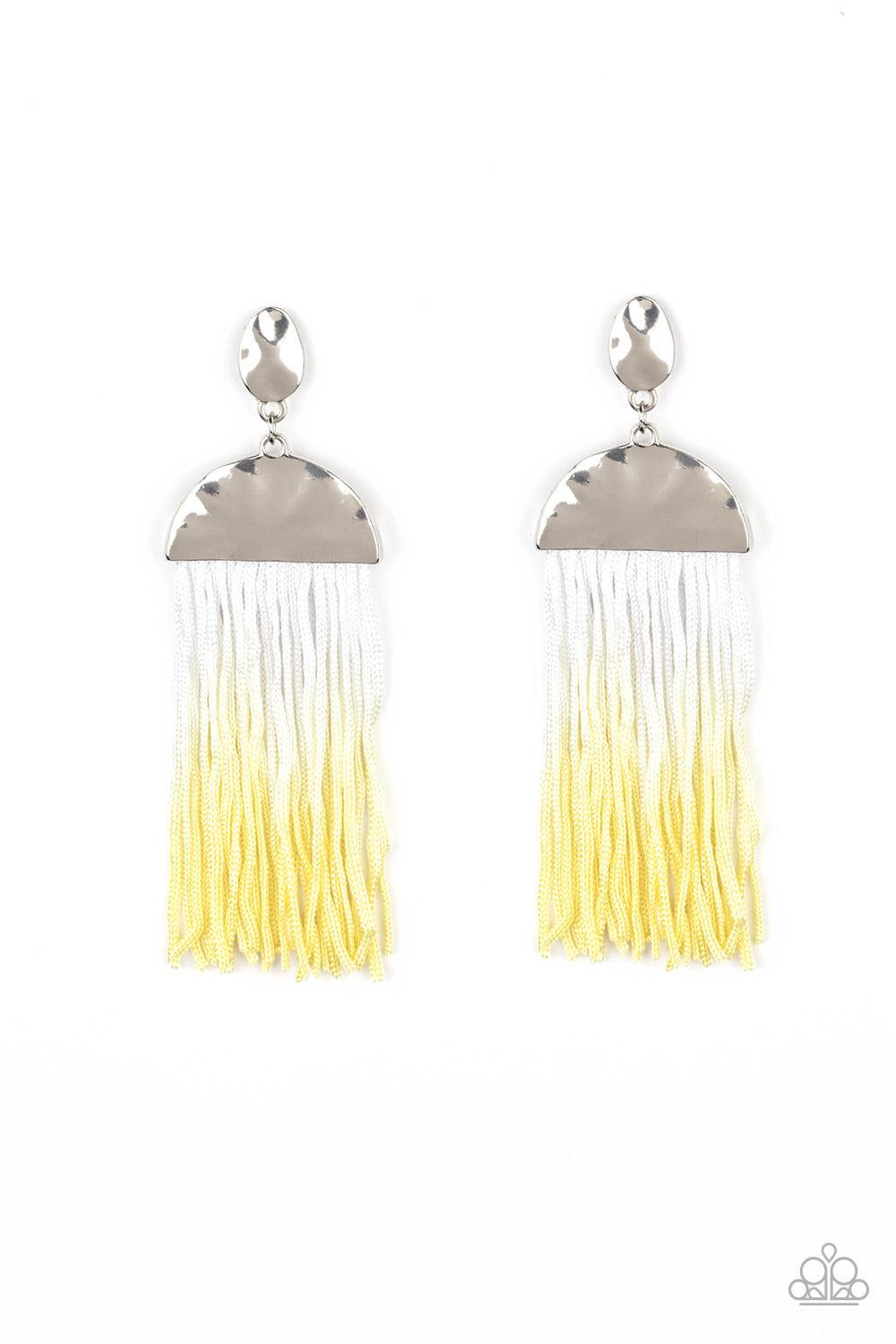 Paparazzi Accessories Rope Them In - Yellow Rope-like tassels gradually fade from white to yellow as they swing from the bottom of stacked hammered silver frames, creating a colorful fringe. Earring attaches to a standard post fitting. Jewelry
