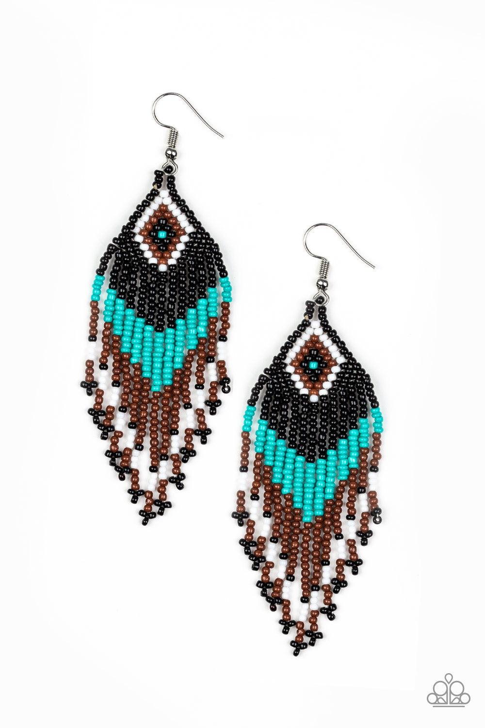 Paparazzi Accessories Wind Blown Wanderer - Blue Joined together with metallic fittings, countless red seed beads are threaded along stretchy elastic bands. Sections of dainty silver beads are sprinkled along the colorful layers, adding hints of shimmer t
