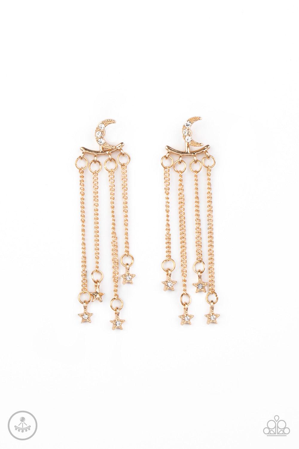 Paparazzi Accessories Cosmic Goddess - Gold Encrusted in dainty white rhinestones, a studded gold moon fitting attaches to a double-sided post designed to fasten behind the ear. Dotted in dainty white rhinestones, dainty gold stars swing from a curtain of
