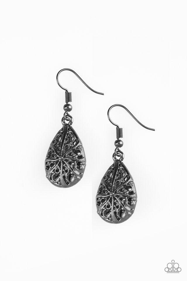 Paparazzi Accessories Western Wisteria - Black Shimmery gunmetal filigree joins into a dainty teardrop frame for a whimsical look. Earring attaches to a standard fishhook fitting. Jewelry