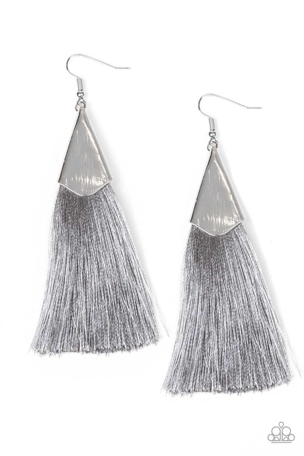Paparazzi Accessories In Full PLUME -Silver A plume of shiny gray thread streams out from a triangular silver fitting, creating a flirty tassel. Earring attaches to a standard fishhook fitting. Jewelry