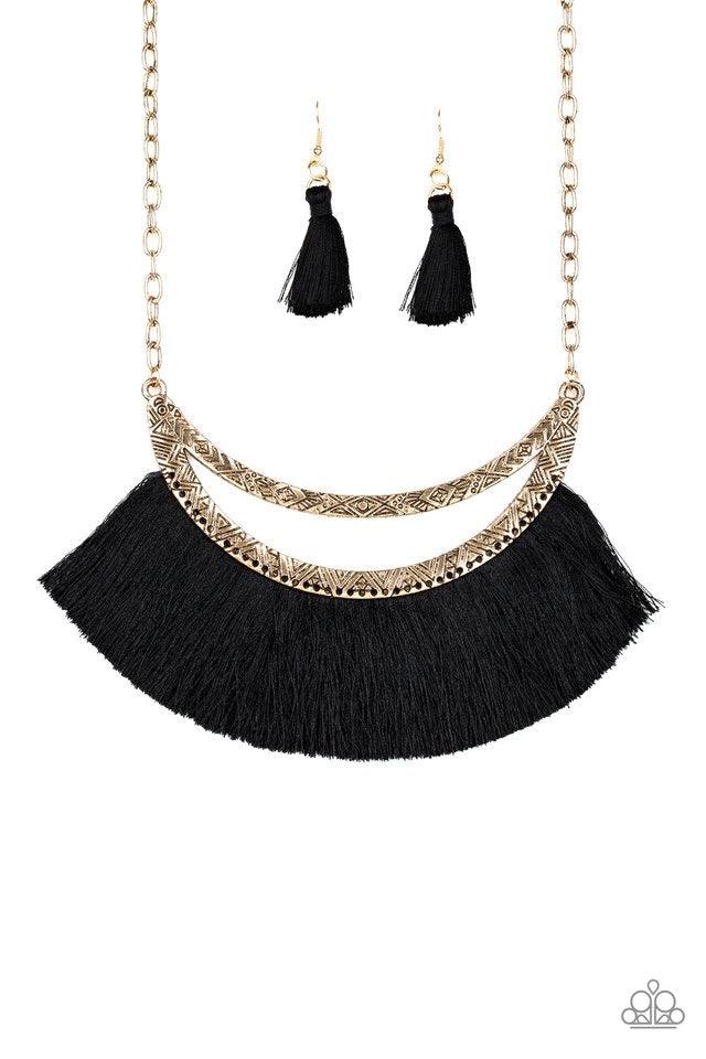 Paparazzi Accessories The MANE Event - Gold A plume of shiny black thread flares out from the bottom of an airy half-moon frame stamped in tribal inspired patterns, creating a bold fringe below the collar. Features an adjustable clasp closure. Jewelry