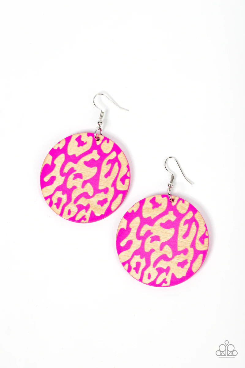 Paparazzi Accessories Catwalk Safari - Pink The front of a Fuchsia Fedora wooden disc is chiseled away, revealing a colorful cheetah-like pattern for a wild fashion. Earring attaches to a standard fishhook fitting. Sold as one pair of earrings. Jewelry