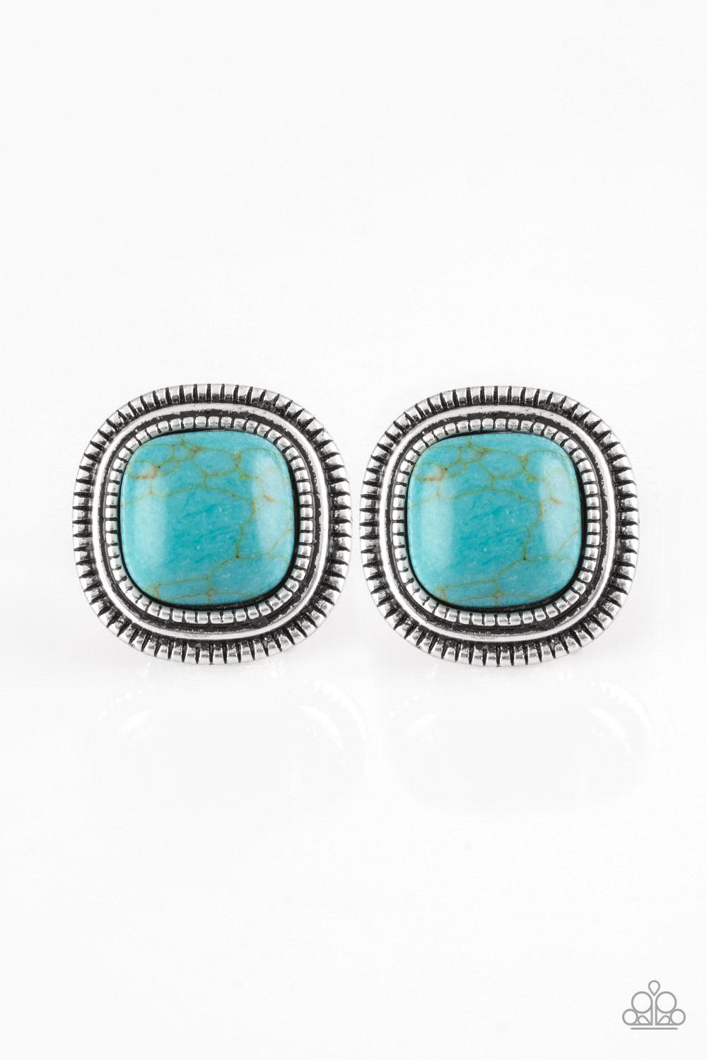 Paparazzi Accessories FRONTIER-Runner - Blue Chiseled into a tranquil square, a refreshing turquoise stone is pressed into a studded silver frame for a seasonal look. Earring attaches to a standard post fitting. Sold as one pair of post earrings. Jewelry