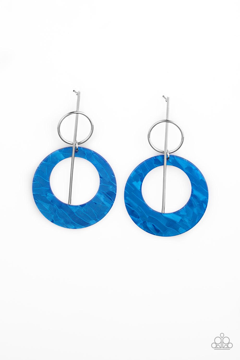 Paparazzi Accessories Stellar Stylist - Blue An iridescent blue acrylic hoop swings from the bottom of a silver ring that is threaded along a dainty silver bar for a retro look. Earring attaches to a standard post fitting. Sold as one pair of post earring